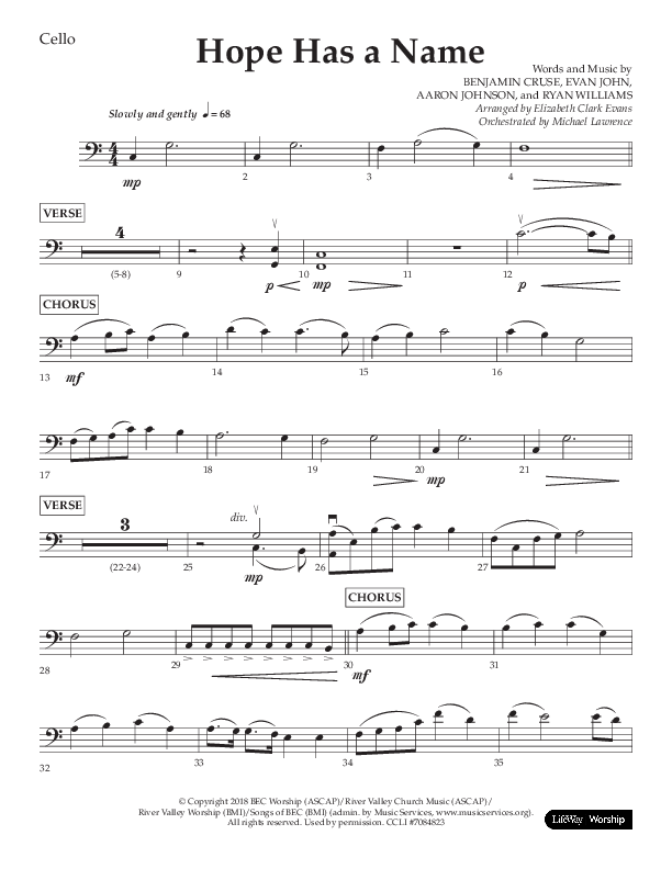 Hope Has A Name (Choral Anthem SATB) Cello (Lifeway Choral / Arr. Elizabeth Clark Evans / Orch. Michael Lawrence)