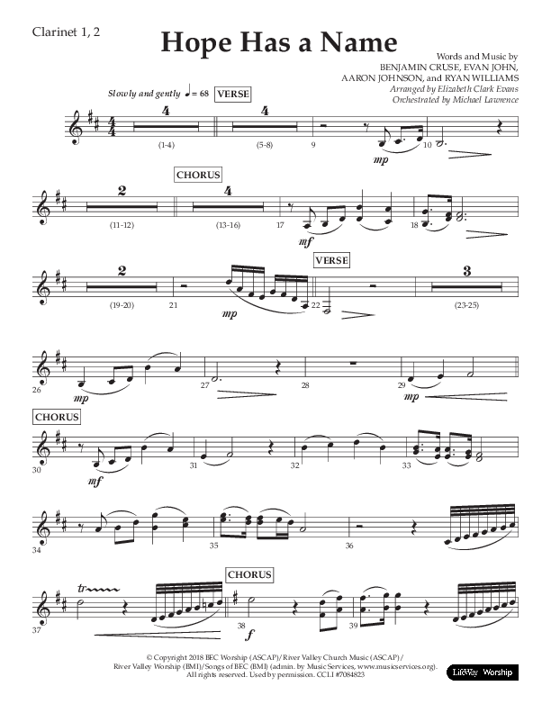 Hope Has A Name (Choral Anthem SATB) Clarinet 1/2 (Lifeway Choral / Arr. Elizabeth Clark Evans / Orch. Michael Lawrence)