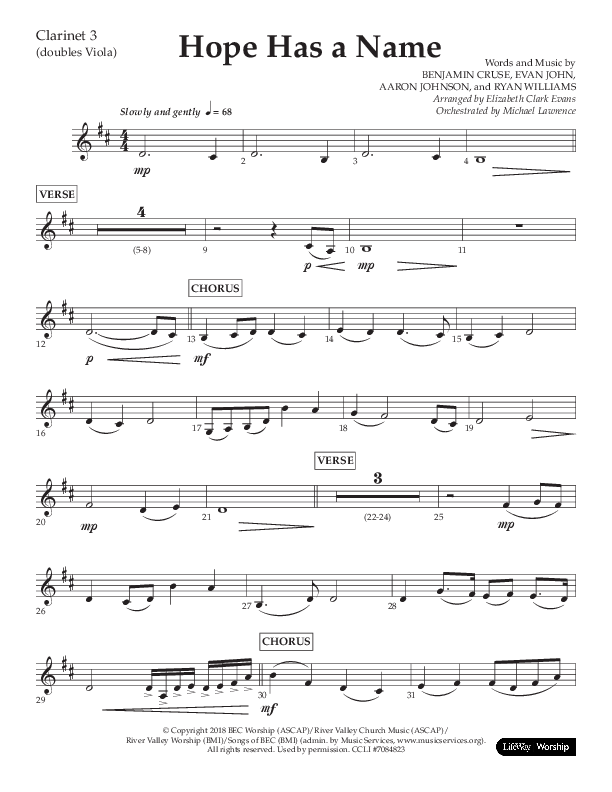 Hope Has A Name (Choral Anthem SATB) Clarinet 3 (Lifeway Choral / Arr. Elizabeth Clark Evans / Orch. Michael Lawrence)