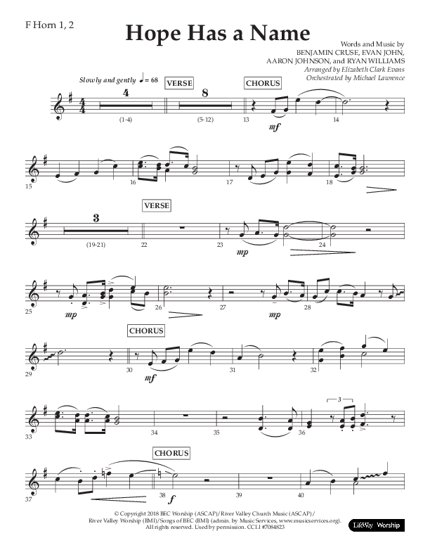 Hope Has A Name (Choral Anthem SATB) French Horn 1/2 (Lifeway Choral / Arr. Elizabeth Clark Evans / Orch. Michael Lawrence)