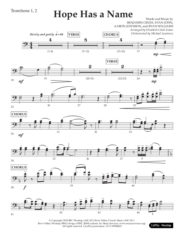 Hope Has A Name (Choral Anthem SATB) Trombone 1/2 (Lifeway Choral / Arr. Elizabeth Clark Evans / Orch. Michael Lawrence)
