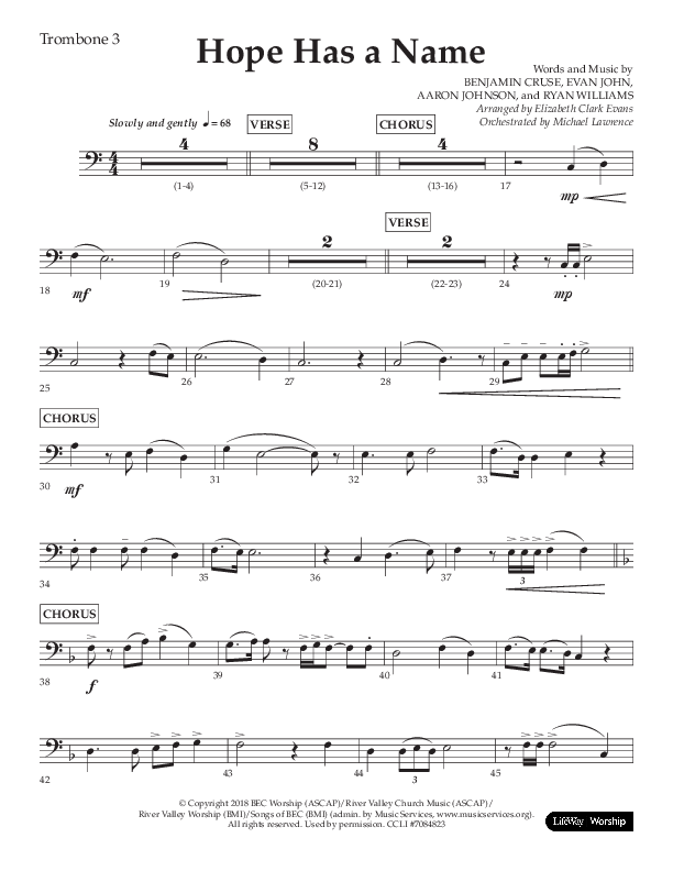 Hope Has A Name (Choral Anthem SATB) Trombone 3 (Lifeway Choral / Arr. Elizabeth Clark Evans / Orch. Michael Lawrence)