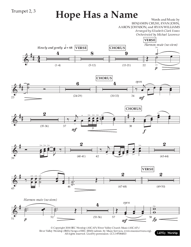 Hope Has A Name (Choral Anthem SATB) Trumpet 2/3 (Lifeway Choral / Arr. Elizabeth Clark Evans / Orch. Michael Lawrence)