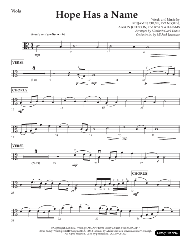 Hope Has A Name (Choral Anthem SATB) Viola (Lifeway Choral / Arr. Elizabeth Clark Evans / Orch. Michael Lawrence)