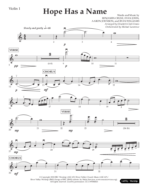 Hope Has A Name (Choral Anthem SATB) Violin 1 (Lifeway Choral / Arr. Elizabeth Clark Evans / Orch. Michael Lawrence)