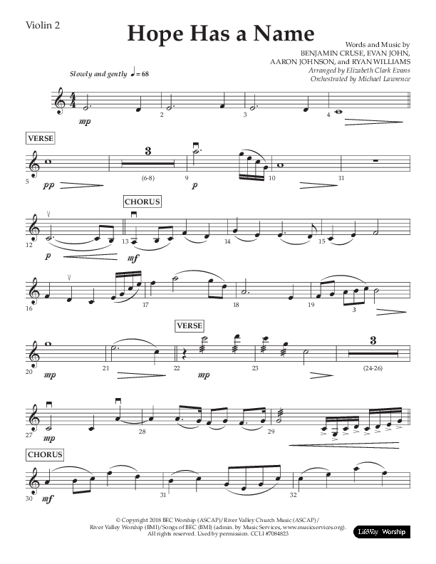 Hope Has A Name (Choral Anthem SATB) Violin 2 (Lifeway Choral / Arr. Elizabeth Clark Evans / Orch. Michael Lawrence)
