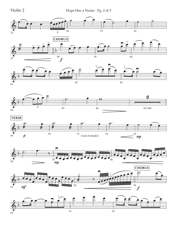 Hope Has A Name (Choral Anthem SATB) Violin 2 (Lifeway Choral / Arr. Elizabeth Clark Evans / Orch. Michael Lawrence)