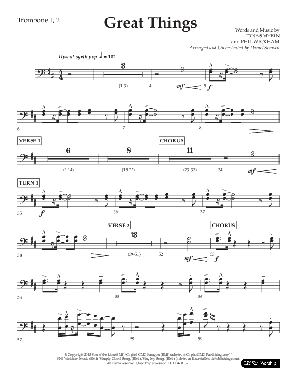 Great Things (Choral Anthem SATB) Trombone 1/2 (Lifeway Choral / Arr. Daniel Semsen)
