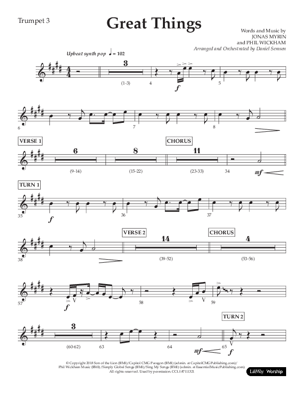 Great Things (Choral Anthem SATB) Trumpet 3 (Lifeway Choral / Arr. Daniel Semsen)