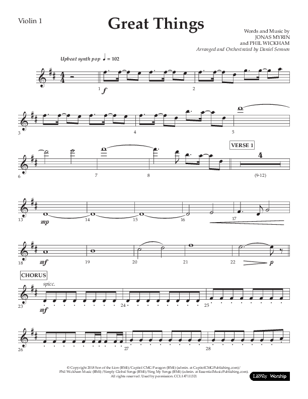 Great Things (Choral Anthem SATB) Violin 1 (Lifeway Choral / Arr. Daniel Semsen)