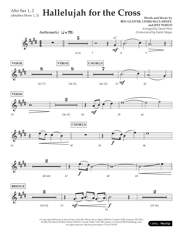 Hallelujah For The Cross (Choral Anthem SATB) Alto Sax 1/2 (Lifeway Choral / Arr. David Wise / Orch. David Shipps)