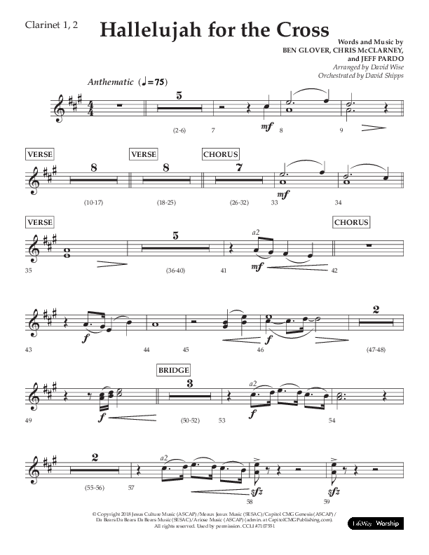 Hallelujah For The Cross (Choral Anthem SATB) Clarinet 1/2 (Lifeway Choral / Arr. David Wise / Orch. David Shipps)