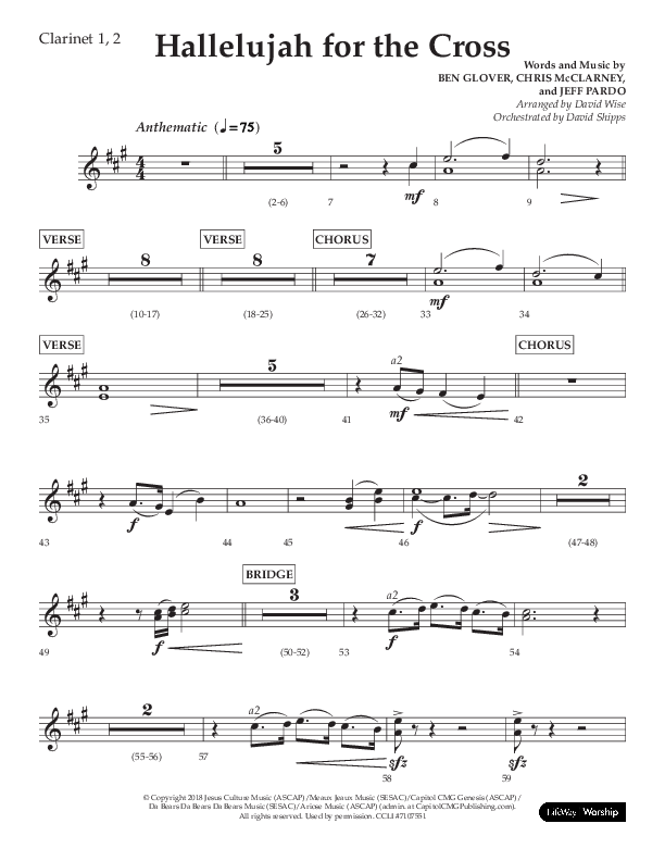 Hallelujah For The Cross (Choral Anthem SATB) Clarinet 1/2 (Lifeway Choral / Arr. David Wise / Orch. David Shipps)