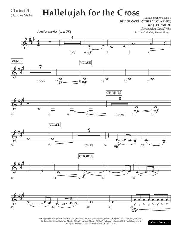 Hallelujah For The Cross (Choral Anthem SATB) Clarinet 3 (Lifeway Choral / Arr. David Wise / Orch. David Shipps)