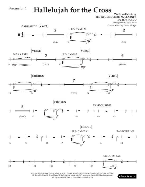Hallelujah For The Cross (Choral Anthem SATB) Percussion 1/2 (Lifeway Choral / Arr. David Wise / Orch. David Shipps)