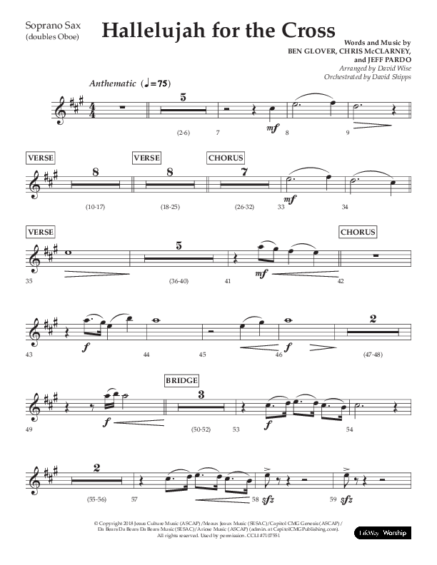 Hallelujah For The Cross (Choral Anthem SATB) Soprano Sax (Lifeway Choral / Arr. David Wise / Orch. David Shipps)