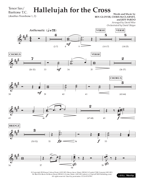 Hallelujah For The Cross (Choral Anthem SATB) Tenor Sax/Baritone T.C. (Lifeway Choral / Arr. David Wise / Orch. David Shipps)