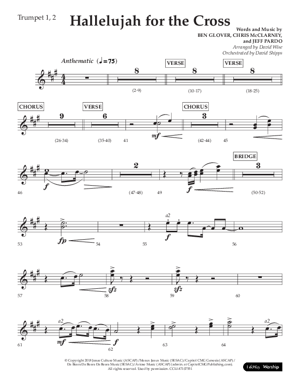 Hallelujah For The Cross (Choral Anthem SATB) Trumpet 1,2 (Lifeway Choral / Arr. David Wise / Orch. David Shipps)