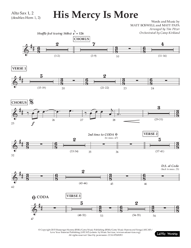 His Mercy Is More (Choral Anthem SATB) Alto Sax 1/2 (Lifeway Choral / Arr. Tim Pitzer / Orch. Camp Kirkland)