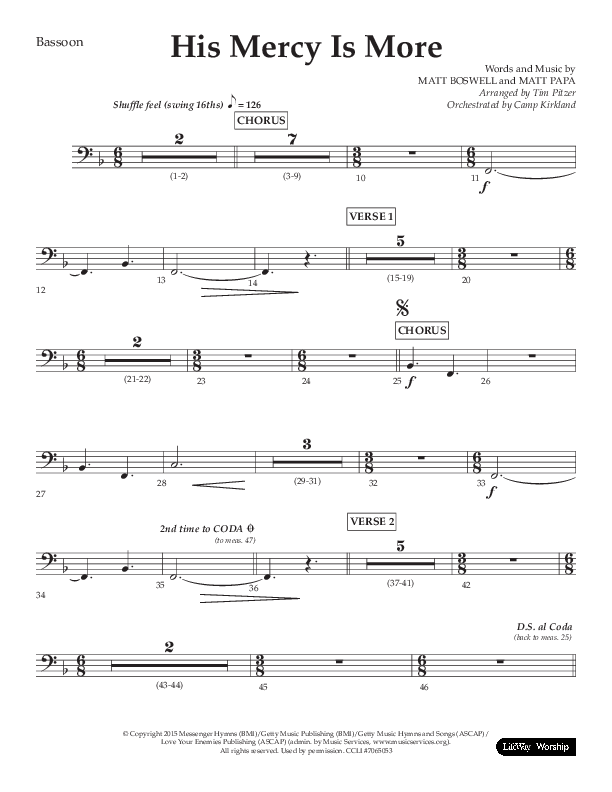 His Mercy Is More (Choral Anthem SATB) Bassoon (Lifeway Choral / Arr. Tim Pitzer / Orch. Camp Kirkland)