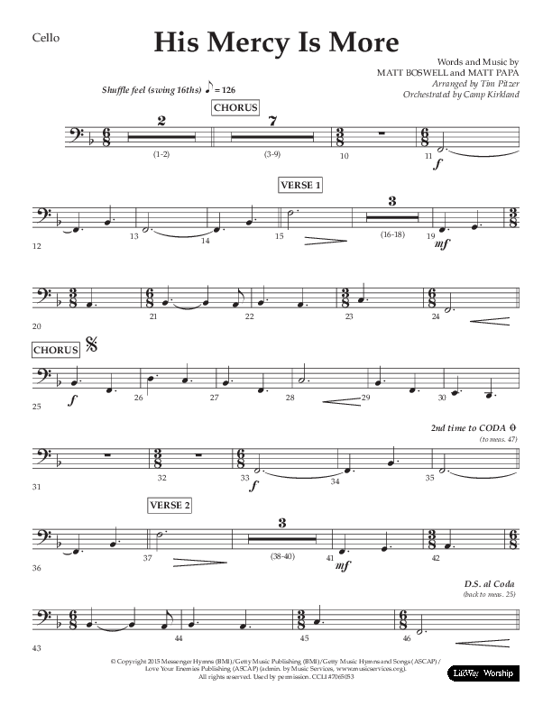His Mercy Is More (Choral Anthem SATB) Cello (Lifeway Choral / Arr. Tim Pitzer / Orch. Camp Kirkland)