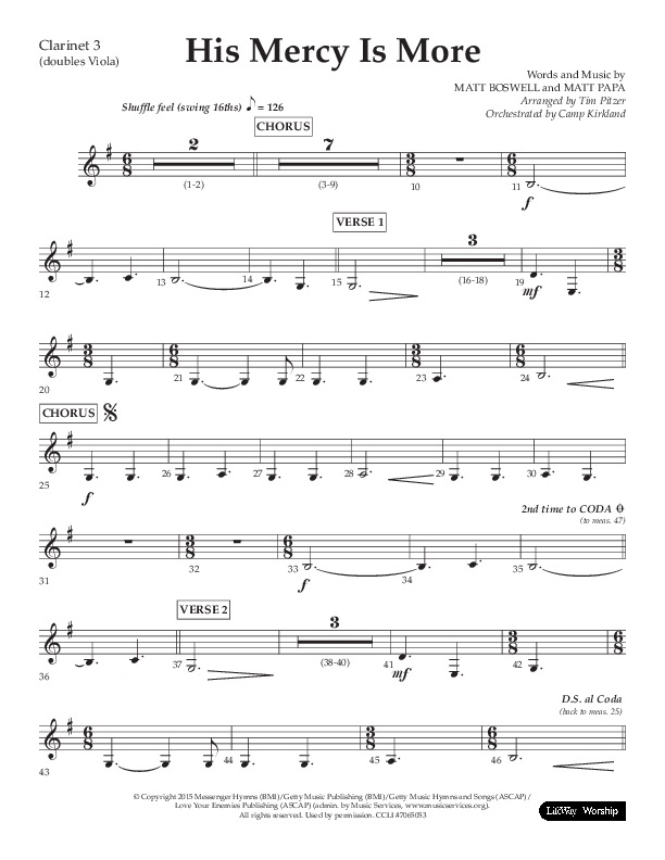 His Mercy Is More (Choral Anthem SATB) Clarinet 3 (Lifeway Choral / Arr. Tim Pitzer / Orch. Camp Kirkland)