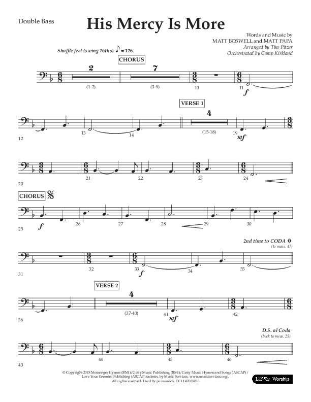 His Mercy Is More (Choral Anthem SATB) Double Bass (Lifeway Choral / Arr. Tim Pitzer / Orch. Camp Kirkland)