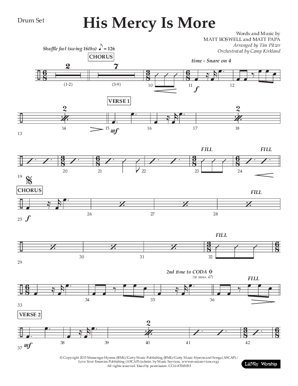 His Mercy Is More (Choral Anthem SATB) Drum Set (Lifeway Choral / Arr. Tim Pitzer / Orch. Camp Kirkland)