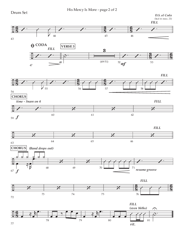 His Mercy Is More (Choral Anthem SATB) Drum Set (Lifeway Choral / Arr. Tim Pitzer / Orch. Camp Kirkland)