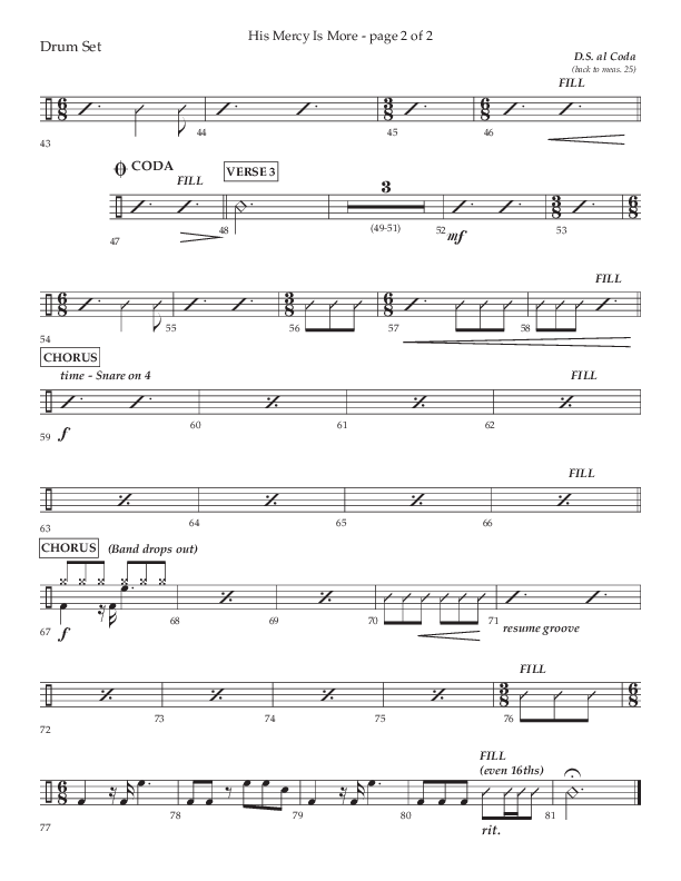 His Mercy Is More (Choral Anthem SATB) Drum Set (Lifeway Choral / Arr. Tim Pitzer / Orch. Camp Kirkland)
