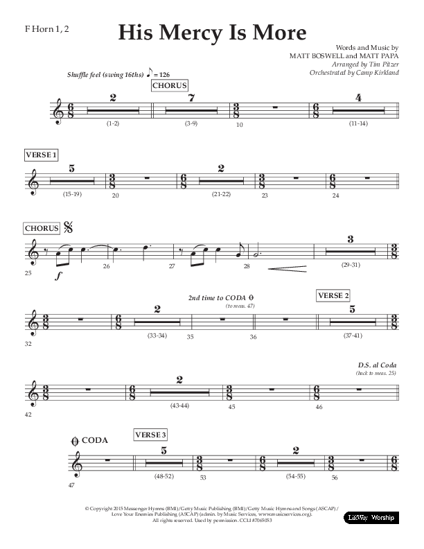His Mercy Is More (Choral Anthem SATB) French Horn 1/2 (Lifeway Choral / Arr. Tim Pitzer / Orch. Camp Kirkland)