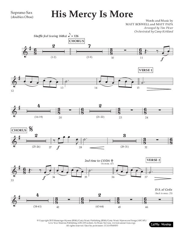 His Mercy Is More (Choral Anthem SATB) Soprano Sax (Lifeway Choral / Arr. Tim Pitzer / Orch. Camp Kirkland)