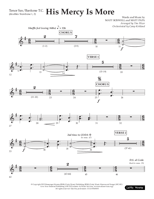 His Mercy Is More (Choral Anthem SATB) Tenor Sax/Baritone T.C. (Lifeway Choral / Arr. Tim Pitzer / Orch. Camp Kirkland)