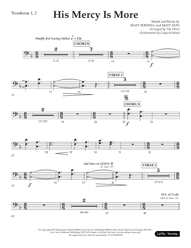 His Mercy Is More (Choral Anthem SATB) Trombone 1/2 (Lifeway Choral / Arr. Tim Pitzer / Orch. Camp Kirkland)