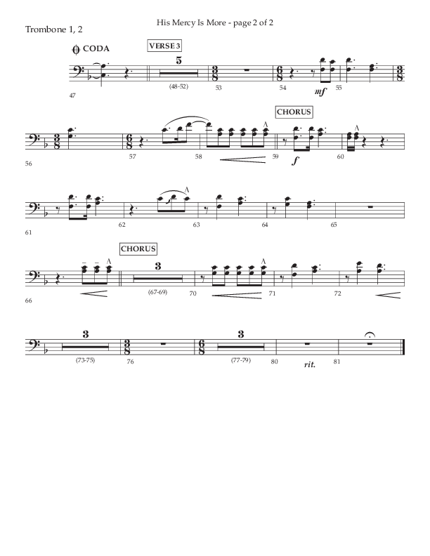 His Mercy Is More (Choral Anthem SATB) Trombone 1/2 (Lifeway Choral / Arr. Tim Pitzer / Orch. Camp Kirkland)