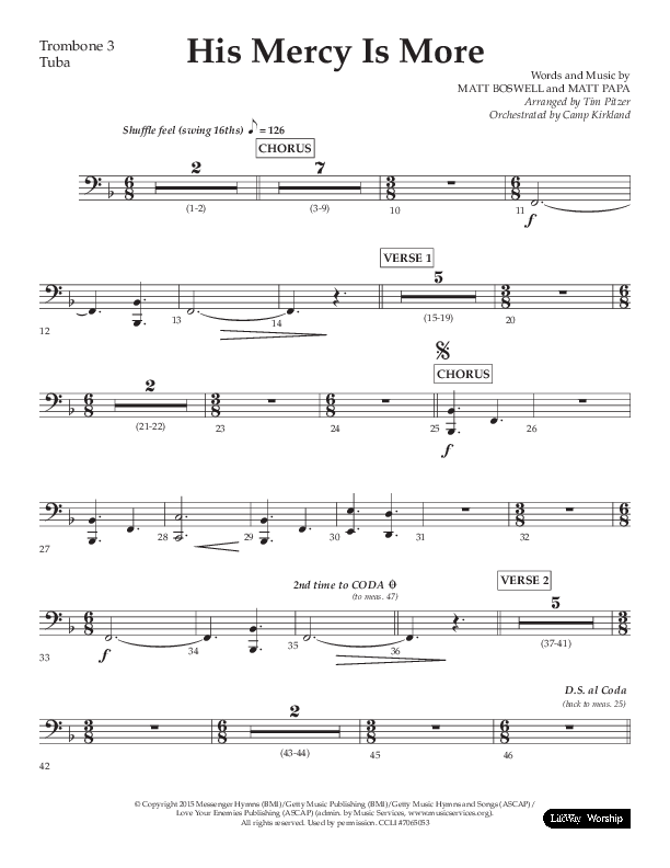His Mercy Is More (Choral Anthem SATB) Trombone 3/Tuba (Lifeway Choral / Arr. Tim Pitzer / Orch. Camp Kirkland)