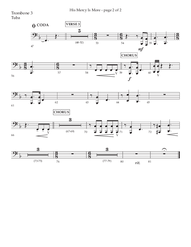 His Mercy Is More (Choral Anthem SATB) Trombone 3/Tuba (Lifeway Choral / Arr. Tim Pitzer / Orch. Camp Kirkland)