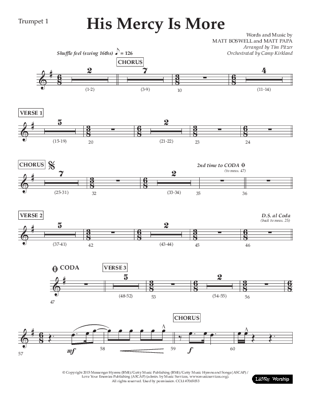 His Mercy Is More (Choral Anthem SATB) Trumpet 1 (Lifeway Choral / Arr. Tim Pitzer / Orch. Camp Kirkland)