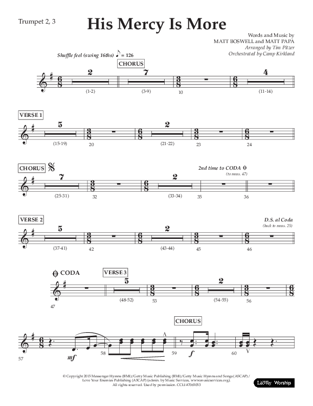 His Mercy Is More (Choral Anthem SATB) Trumpet 2/3 (Lifeway Choral / Arr. Tim Pitzer / Orch. Camp Kirkland)