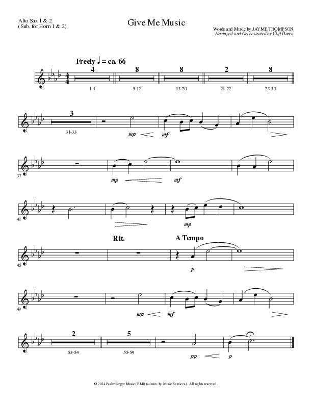 Give Me Music (Choral Anthem SATB) Alto Sax 1/2 (Lillenas Choral / Arr. Cliff Duren)