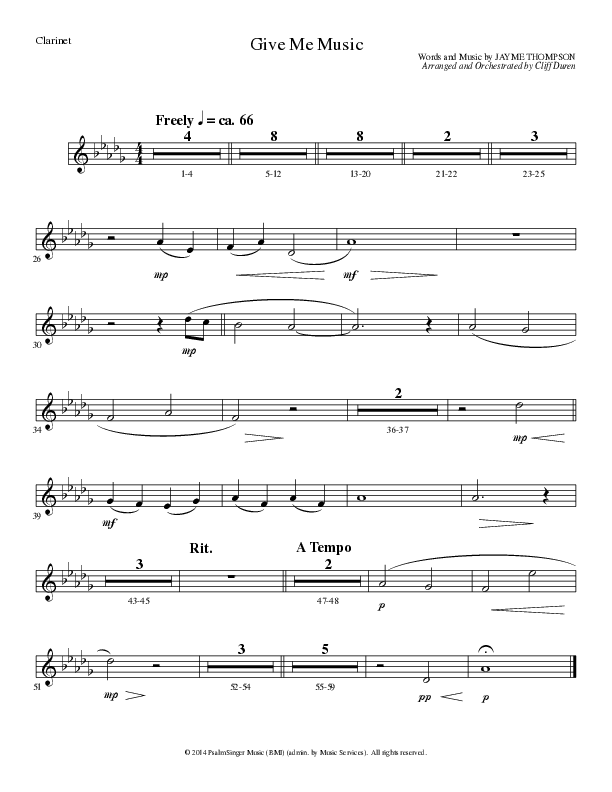 Give Me Music (Choral Anthem SATB) Clarinet (Lillenas Choral / Arr. Cliff Duren)
