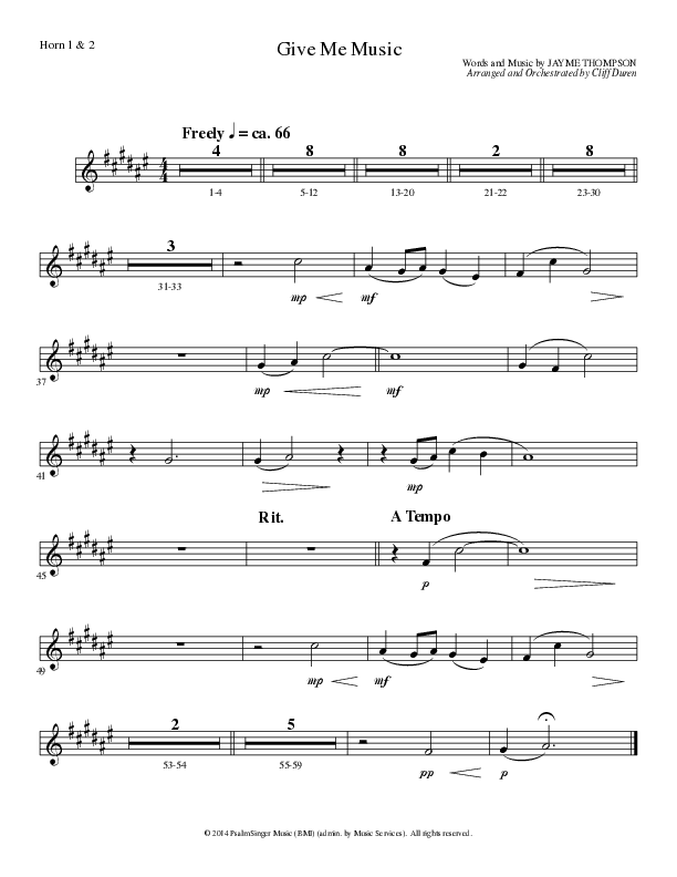 Give Me Music (Choral Anthem SATB) French Horn 1/2 (Lillenas Choral / Arr. Cliff Duren)