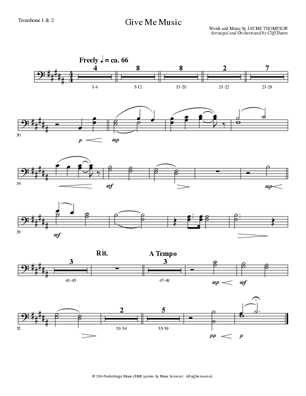 Give Me Music (Choral Anthem SATB) Trombone 1/2 (Lillenas Choral / Arr. Cliff Duren)