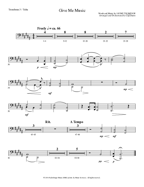 Give Me Music (Choral Anthem SATB) Trombone 3/Tuba (Lillenas Choral / Arr. Cliff Duren)