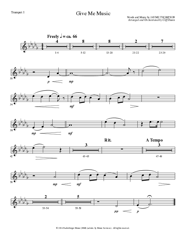 Give Me Music (Choral Anthem SATB) Trumpet 1 (Lillenas Choral / Arr. Cliff Duren)