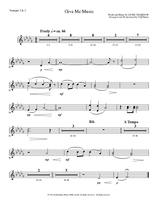 Give Me Music (Choral Anthem SATB) Trumpet 2/3 (Lillenas Choral / Arr. Cliff Duren)