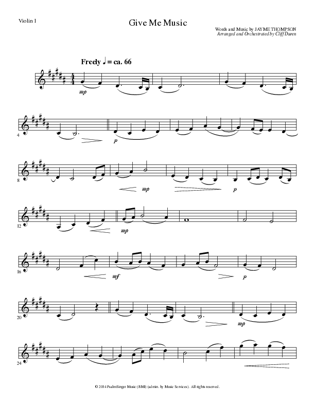 Give Me Music (Choral Anthem SATB) Violin 1 (Lillenas Choral / Arr. Cliff Duren)
