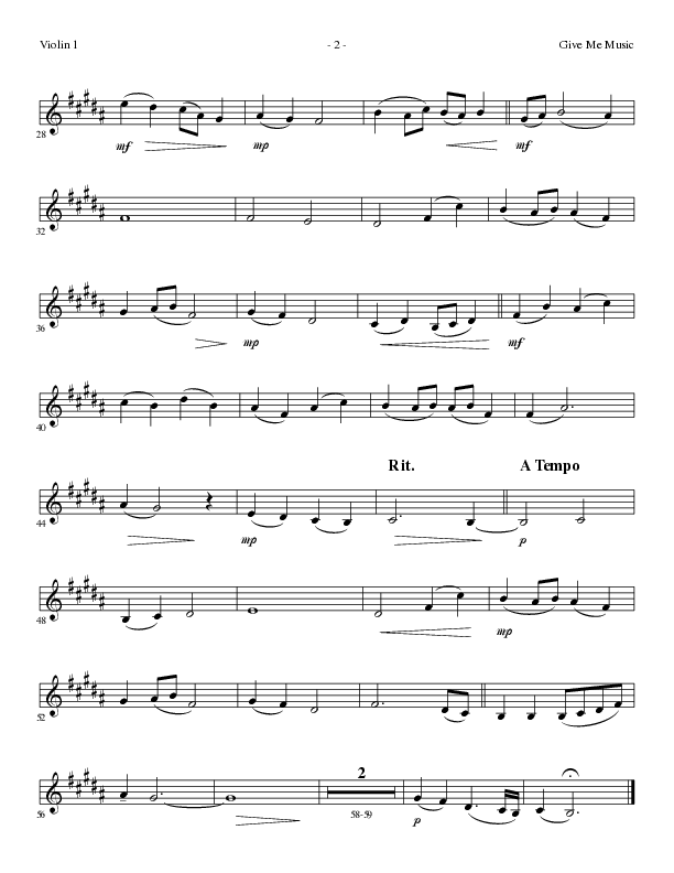 Give Me Music (Choral Anthem SATB) Violin 1 (Lillenas Choral / Arr. Cliff Duren)