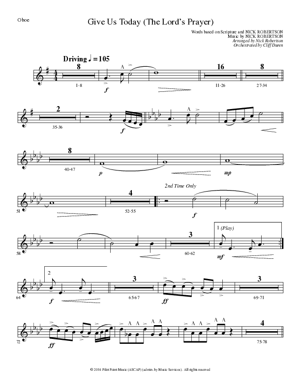 Give Us Today (The Lord’s Prayer) (Choral Anthem SATB) Oboe (Lillenas Choral / Arr. Nick Robertson)
