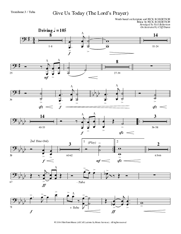 Give Us Today (The Lord’s Prayer) (Choral Anthem SATB) Trombone 3/Tuba (Lillenas Choral / Arr. Nick Robertson)